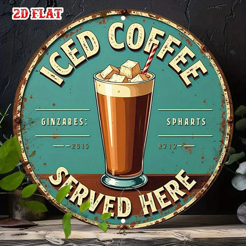 Retro Iced Coffee Served Here Round Metal Sign, Vintage Distressed Wall Decor for Kitchen & Cafe