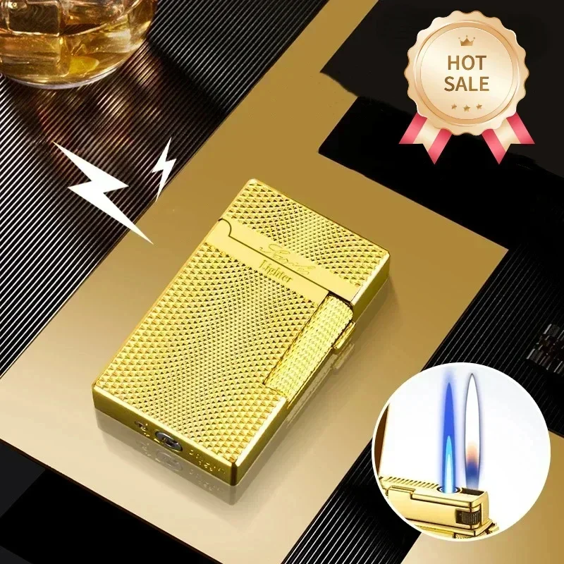 

Metal Windproof Dual Flame Butane Lighter With Pointed Side Sliding Grinding Wheel Cigarette Lighter Cigar Men's Gift