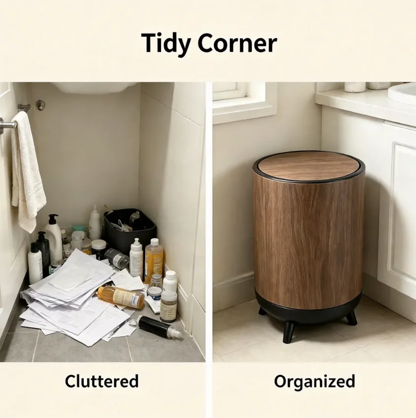 Round Flip‑Lid Trash Can, Wood‑Grain Print Plastic Garbage Bin with Elevated Plastic Legs, Odor‑Proof Lidded Waste Basket for Bathroom Kitchen Living Room Apartment