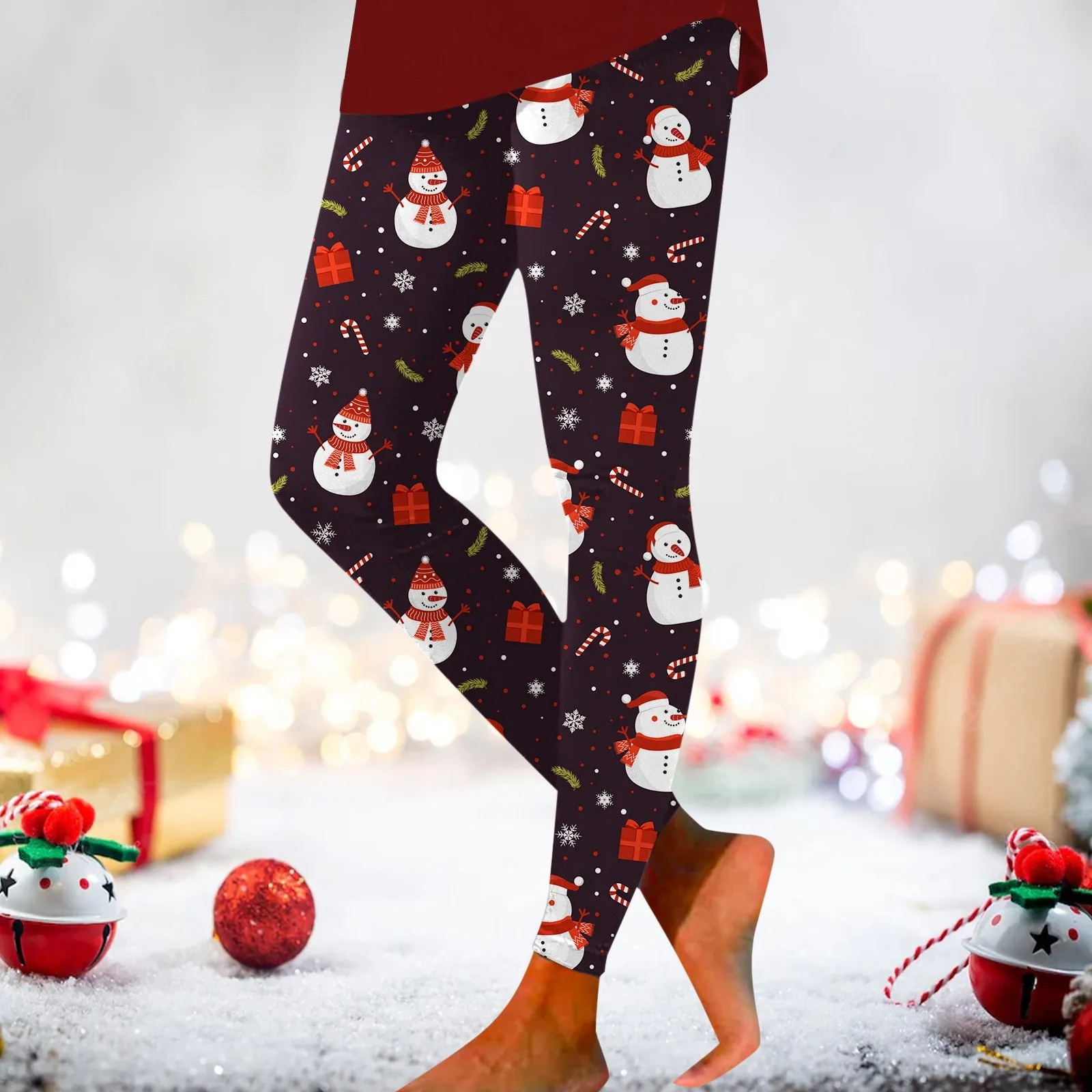 Mallas deportivas para mujer, pantalones de cintura alta con estampado de muñeco de nieve, calzas cálidas de Navidad, novedad de 2024