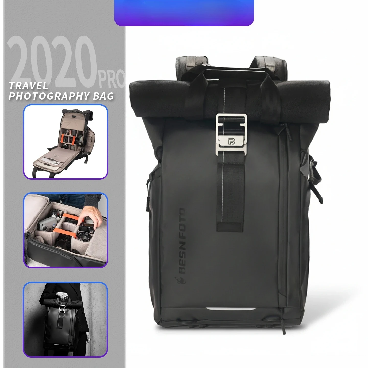 Besnfoto Photographers Waterproof Expandable Roll Top Camera Bag Travel Backpack for DSLR SLR Mirrorless Fit 15.6