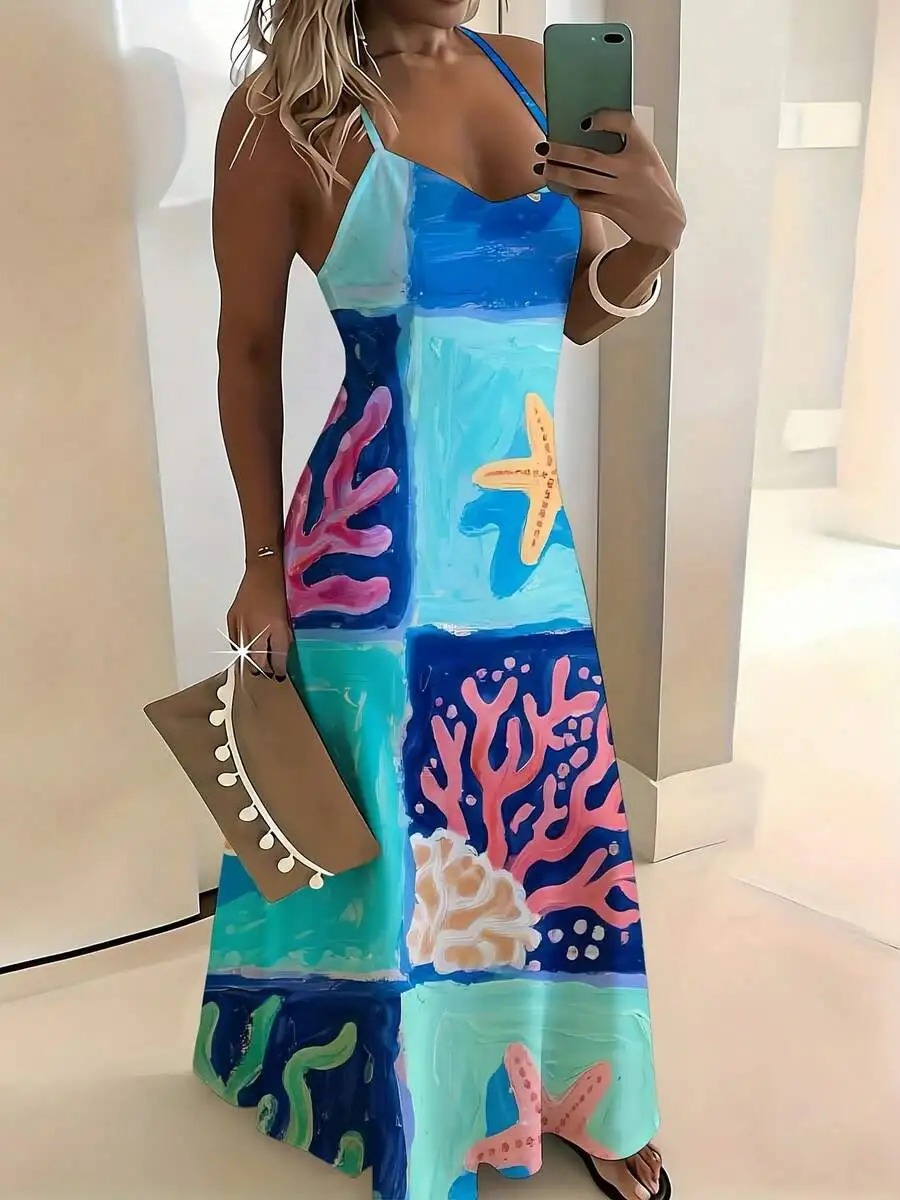 

Ocean Theme Print Sleeveless Maxi Dress With Starfish Coral Pattern For Women Beach Summer Outfit