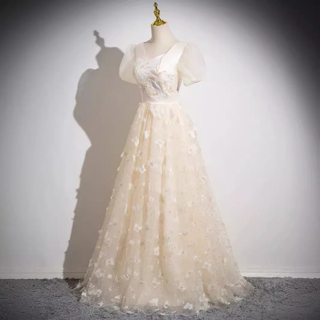 Champagne evening dress 2025 new style banquet temperament light luxury high-end host vocal art exam performance costume