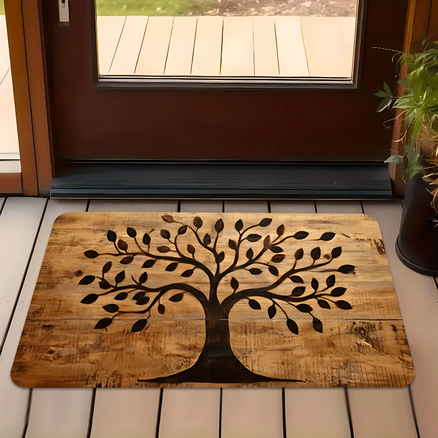 1pcs High-end flannel simple brown wood grain tree of life pattern design doormat, machine washable, suitable for hallway