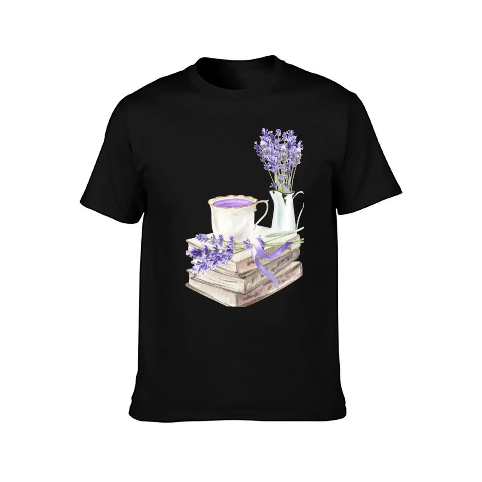 Book and Lavender with Cup of Coffee or Tea T-Shirt t shirt custom print T-Shirt