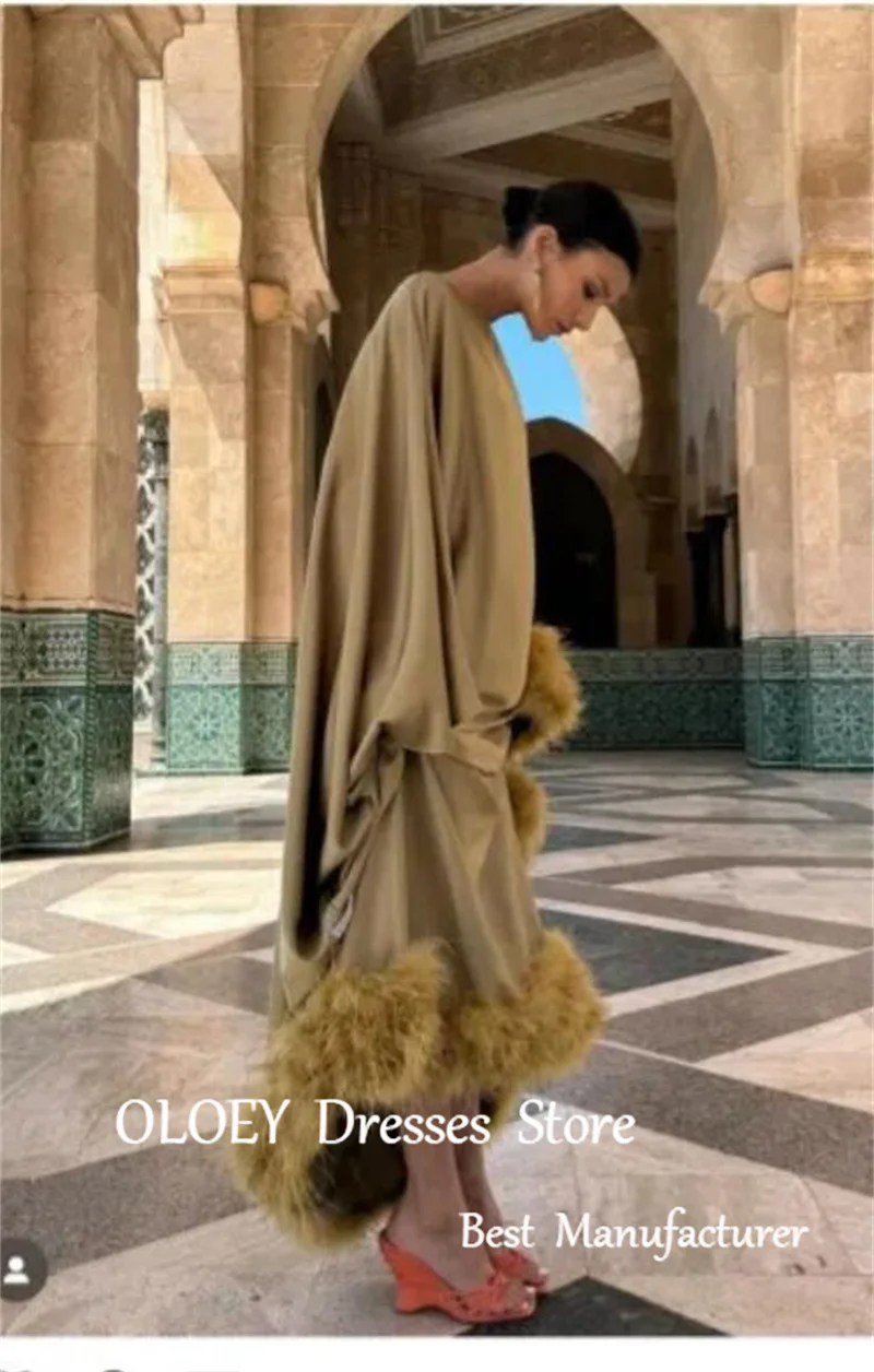 OLOEY Luxury Feathers Brown Silk Satin Evening Dresses Straight Scoop neck Dubai Arabic Women Prom Gowns Formal Occasion