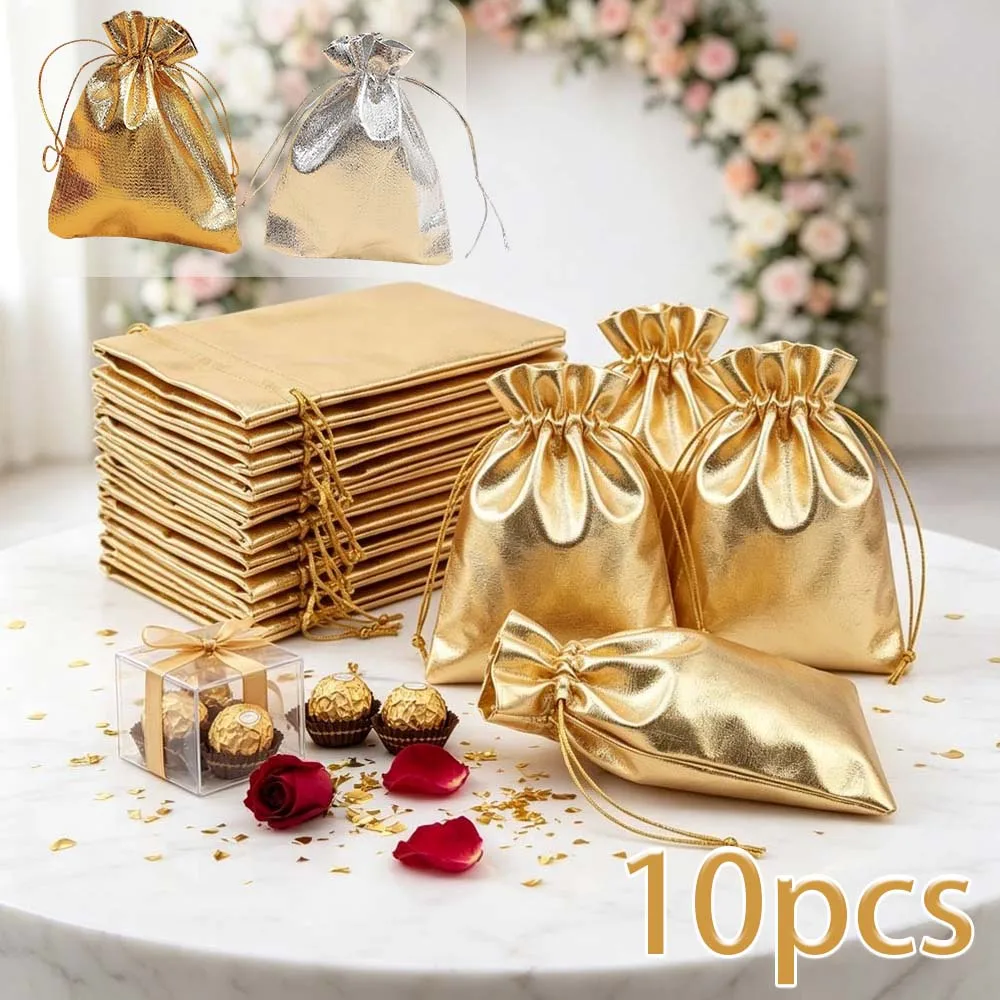 10Pcs Set Gold/Silver Drawstring Pouches 7x9/10x15cm Jewelry Storage Bags for Wedding Party Favor Candy Wrappers Gift Packaging