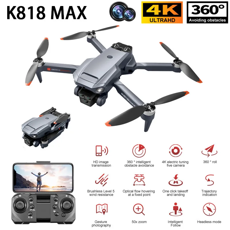 K818 MAX Remote Control Drone 4K Dual Camera 360° Obstacle Avoidance Smart Follow Trajectory Flight 360° Stunt Roll Quadcopter