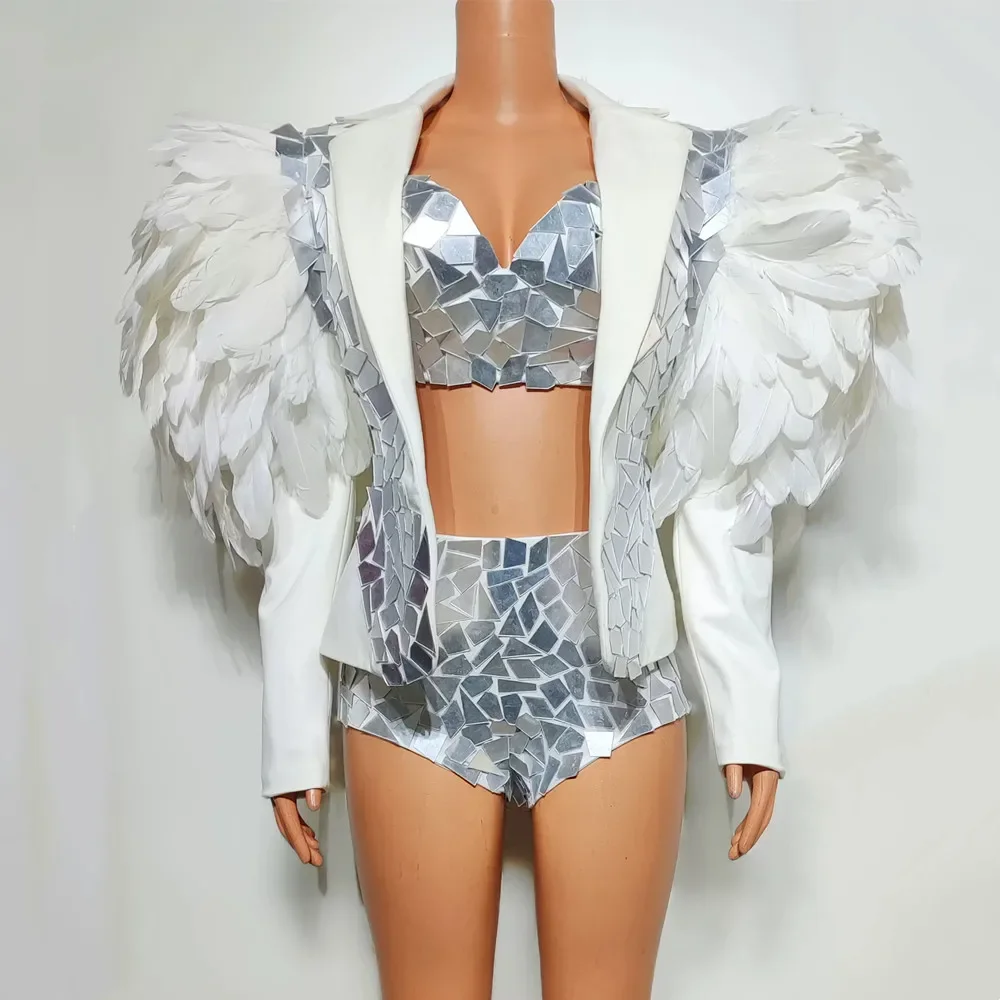 

Sequin Bikini Nightclub Stage Performance Dance Outfit Singer Concert Exaggerated Drag Queen Costume White Feather Mirror Coat