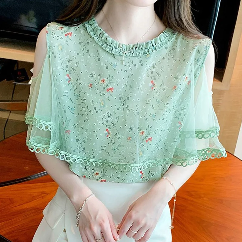 Korte Mouwen Bloemen Chiffon Shirt Tops Zomer Nieuw Net Garen Off Shoulder Print Mode Blouse Temperament Elegante Dameskleding