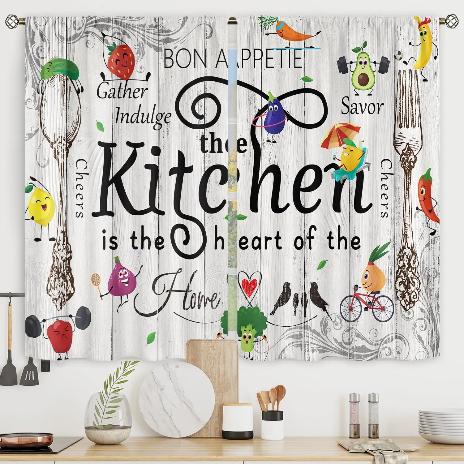 Riyidecor Funny Kitchen Curtains Short Small Fun Fruit Vegetables Cute Farm Country Wooden Board Farmhouse Rod Pocket Fork and