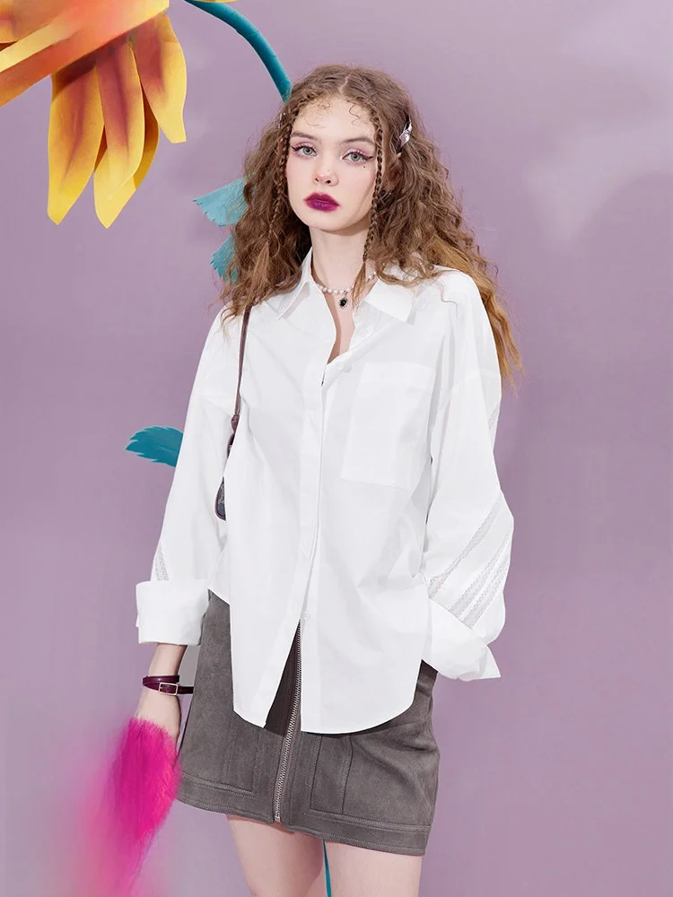 

Ele Loose Long Sve White Noise irt Women's Casual Sle Cotton Pure Color Spring Faion Top ket Design