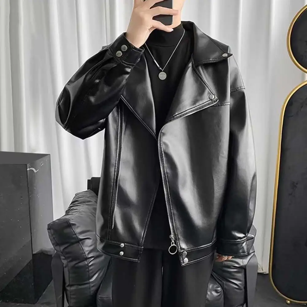 

2025 Mens Fashion Leather Jacket Slim Fit Lapel Collar PU Jacket Male Anti-wind Motorcycle Lapel Diagonal Zipper Jackets Men