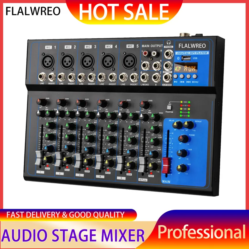 

FLALWREO Sound Mixer Professional Portable Digital DJ Console 7 Channel with USB For Studio Record