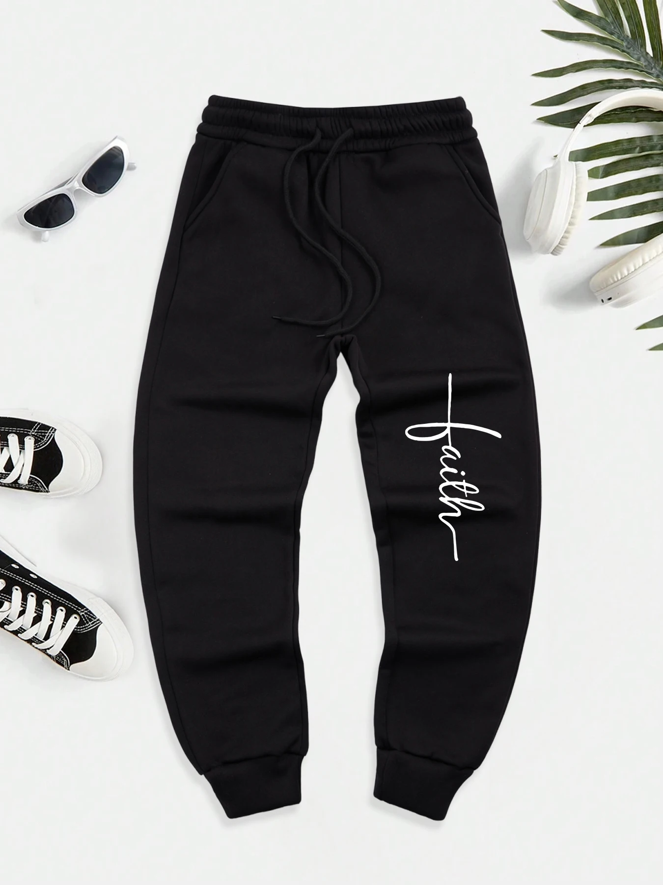 

Creative Faith Text Print Men Pants Fleece Fashion Sweatpants Casual Street Trousers Pocket Comfortable Drawstring Jogging Pant