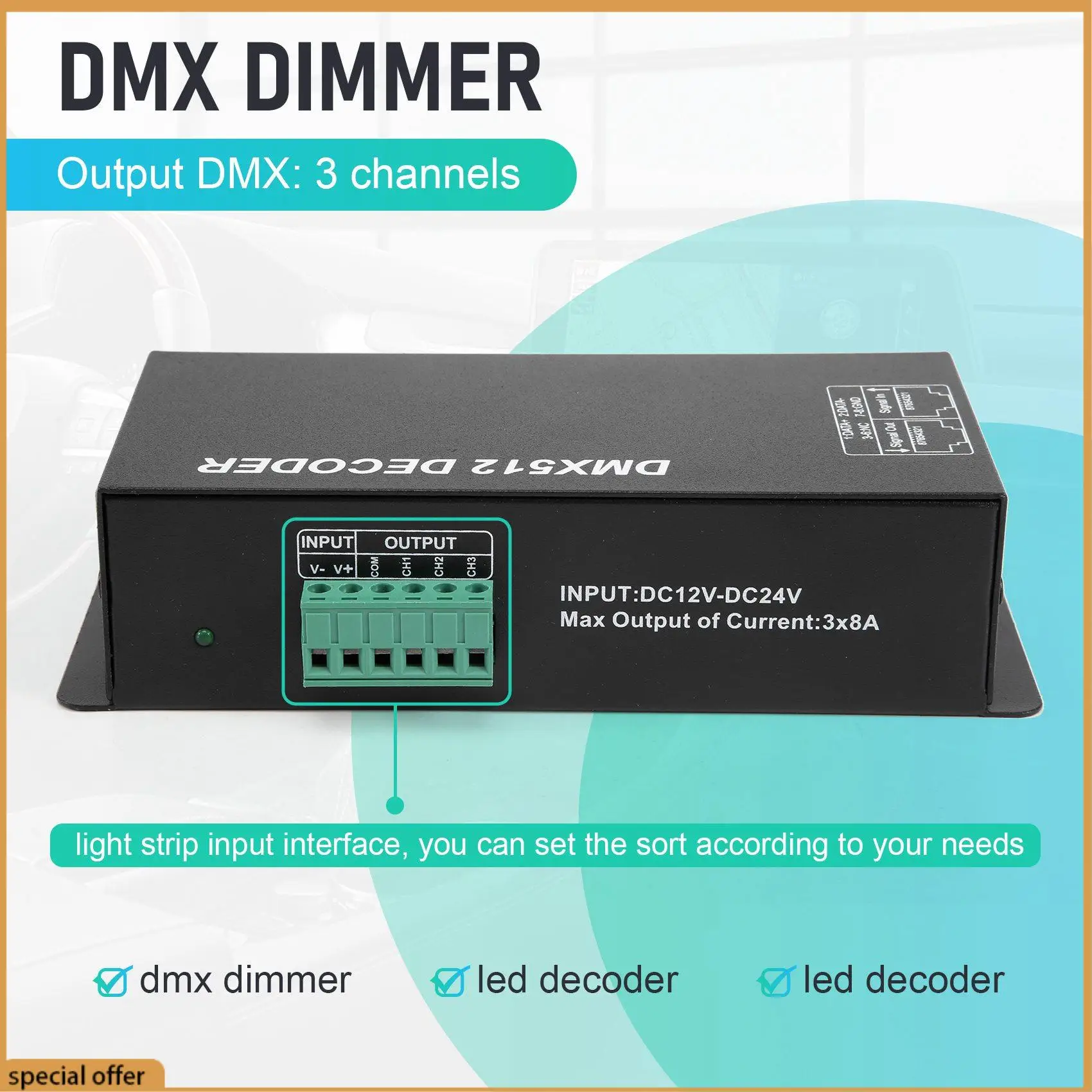 A68Z Controller LED Dmx ad alta potenza LED DMX 512 Driver dimmer decodificatore DC12V-24V per striscia o luci LED RGB (3 canali)