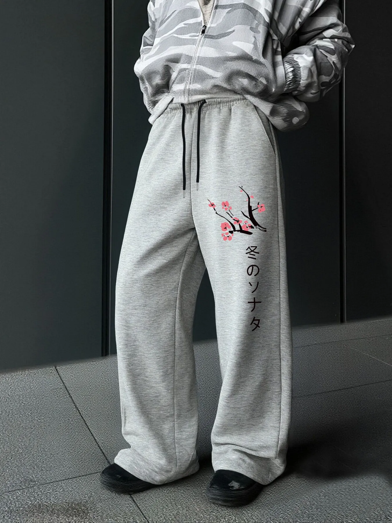 Men's Japanese Sakura Print Straight‑Leg Pants, Polyester Casual Drawstring Joggers, Hip Hop Streetwear Daily Trousers S‑3XL