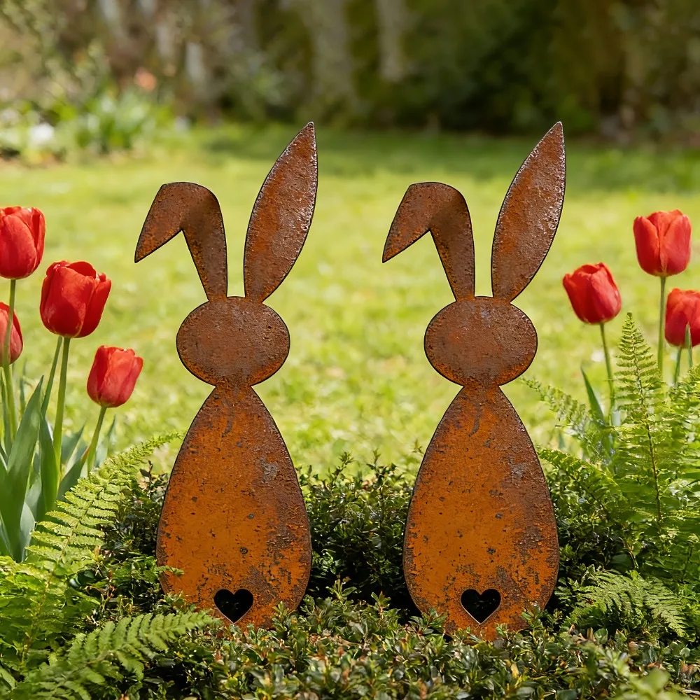 CIFBUY Metal Rabbit Silhouette Wall Art, Rustic Heart Cutout Iron Decor for Home Garden Yard Planter Ornament