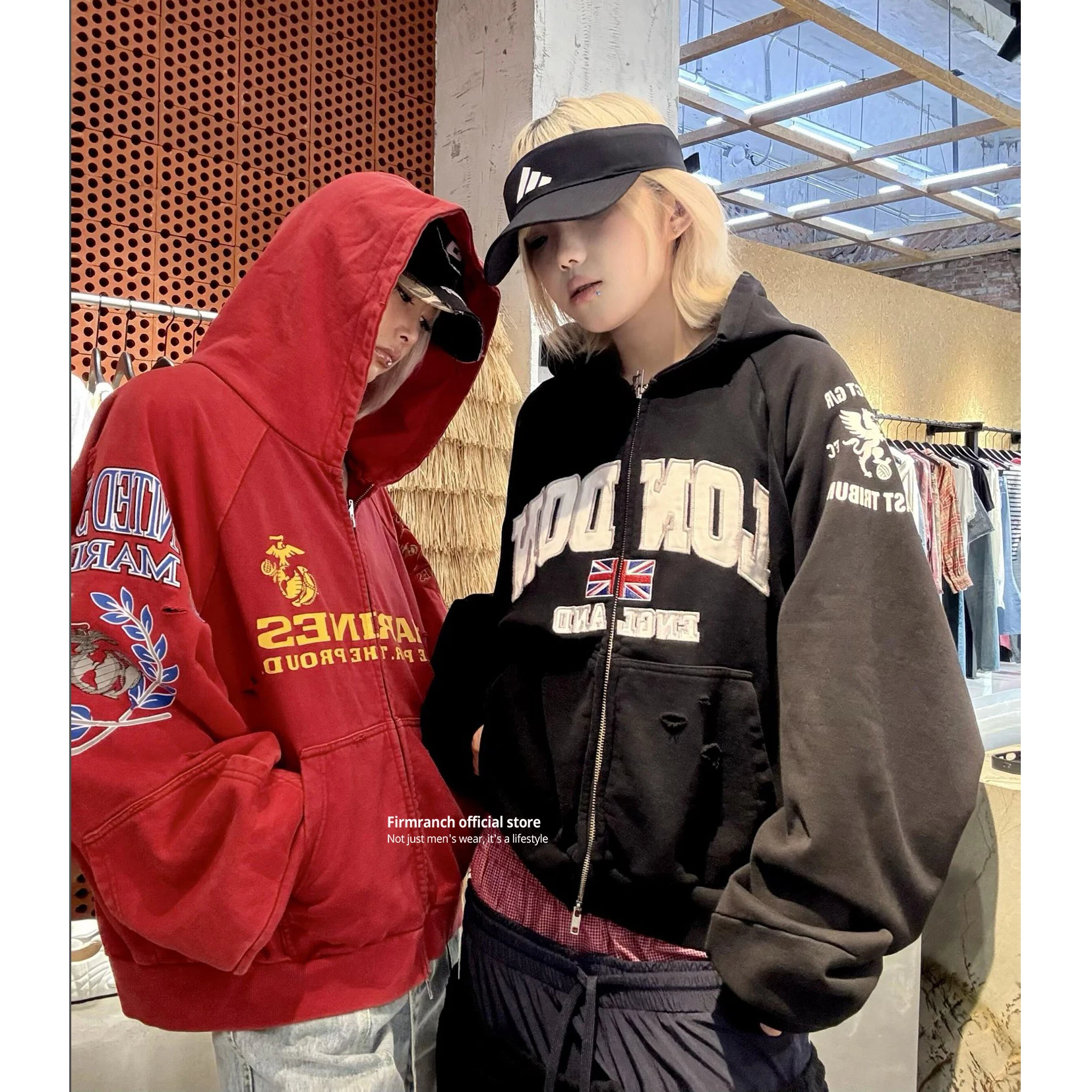 

Firmranch 25ss корейская мода High Street красный цвет толстовки куртки для мужчин женщин потертая толстовка с капюшоном на молнии