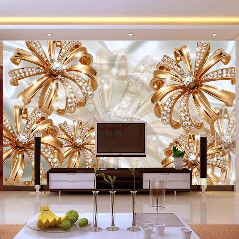 Customized Photo Wallpaper 3D Luxury Gold Diamond Flower Jewelry Mural Living room sofa TV background wall bedroom restaurant 8d