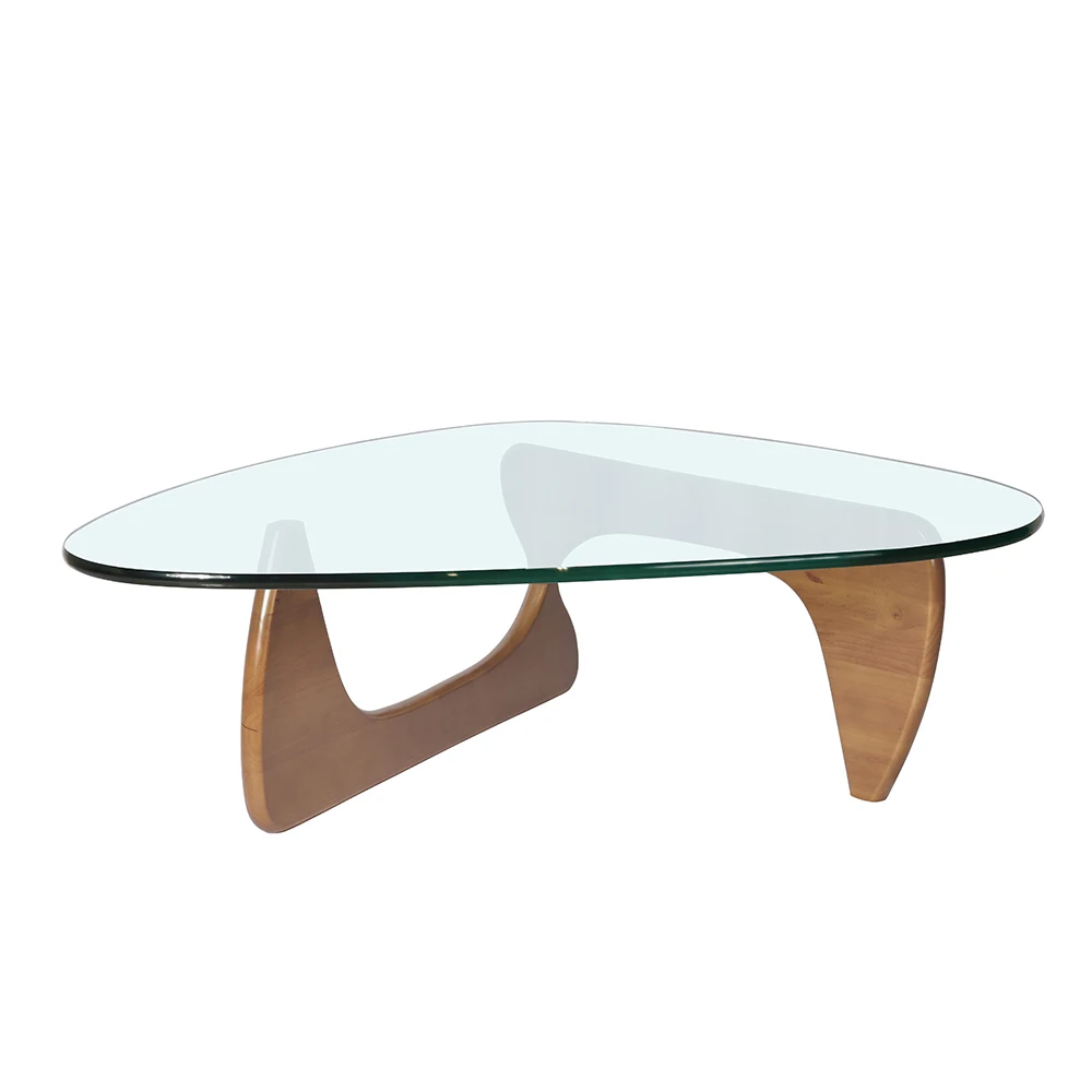 Table basse triangulaire en verre, base en bois massif, plateau en noyer et verre transparent, table d'appoint moderne pour salon, patio, bureau