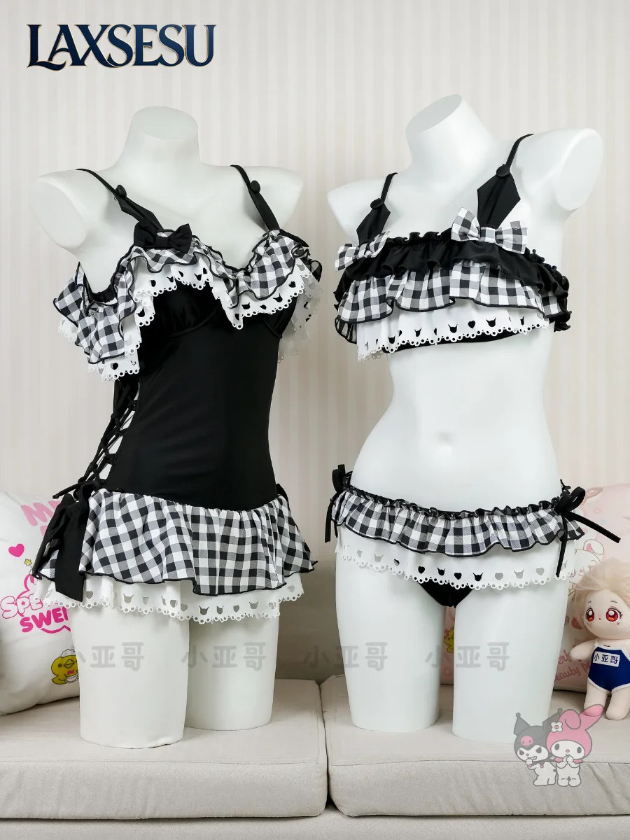 New Summer Japanese Kawaii Bikinis Set Black and White Lace Edge One-piece Swimsuit Y2K Girls' Swimwears Set for Women view 2