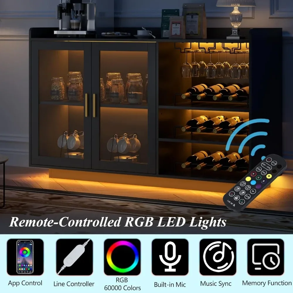 Mueble para bar de vinos con luces LED, cafetería flotante con estante de vidrio y estantes para vinos extraíbles, aparador buffet moderno