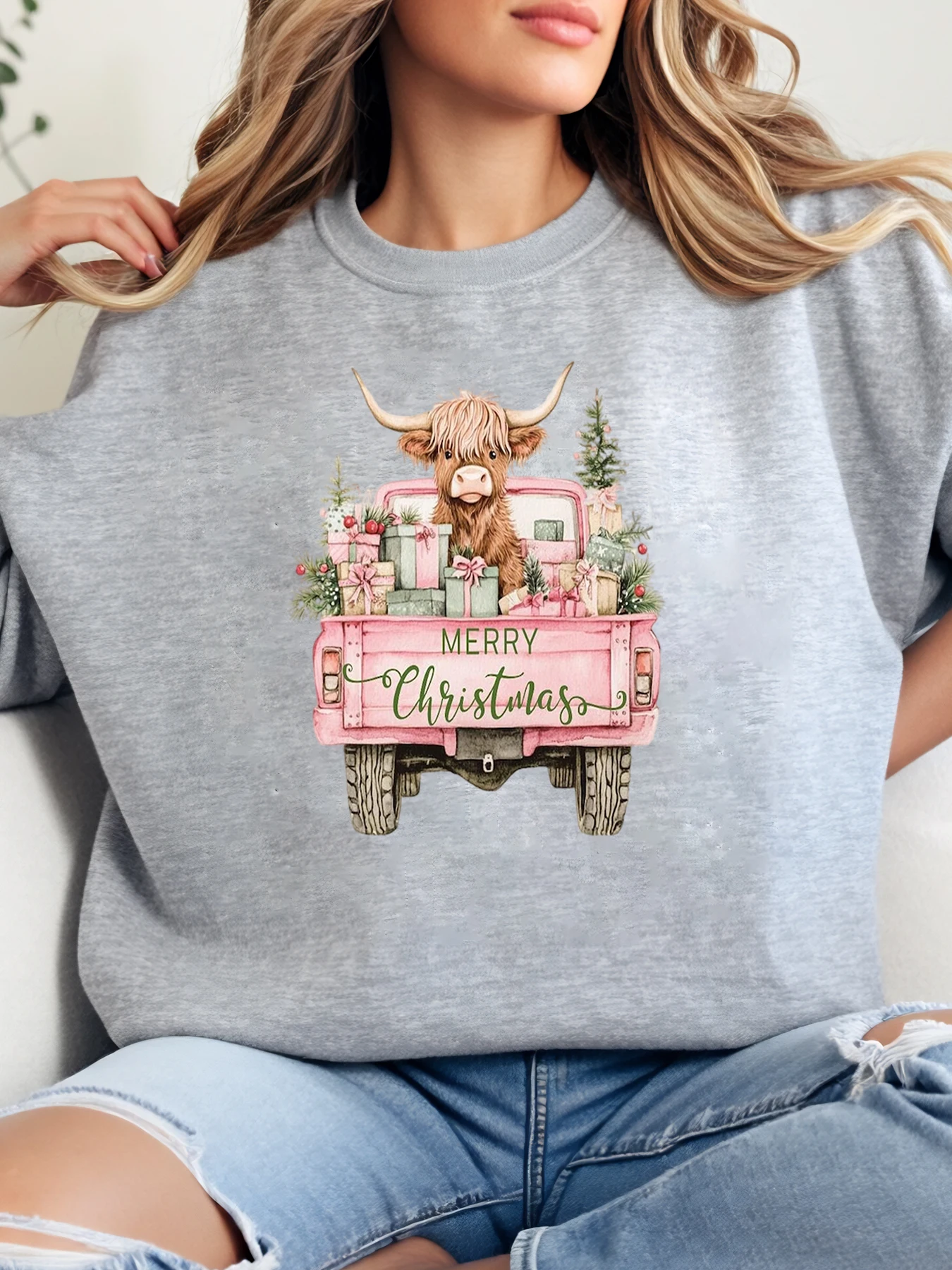 

Cow Have Yourself a Moooey Little Christmas Print Sweatshirt Holiday Women Casual Wear Gray Plus-Size