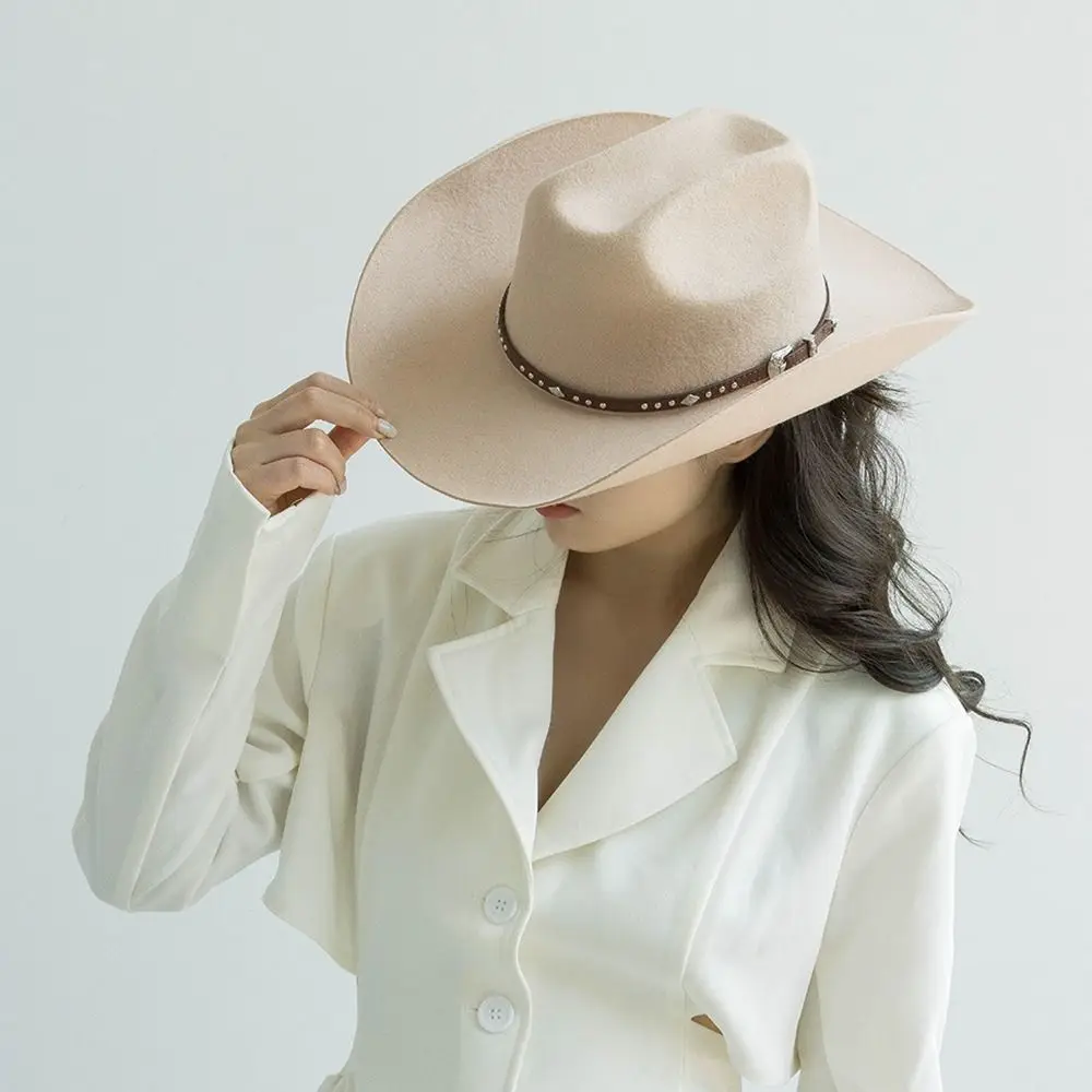 

100% Wool Wool Cowboy Hat Concave Shape Studded Leather Band Wide Brim Fedora Hat Wide Brim Decorative Buckle