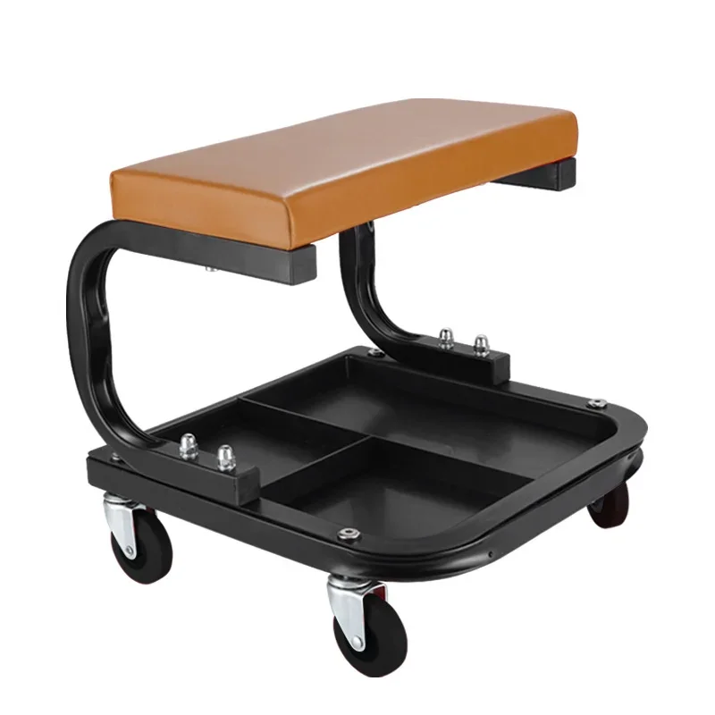Black OEM R6100W PU Leather Iron Rolling Creeper Garage Shop Seat Padded Mechanic Stool With Tool Tray Storage 36x35x35cm