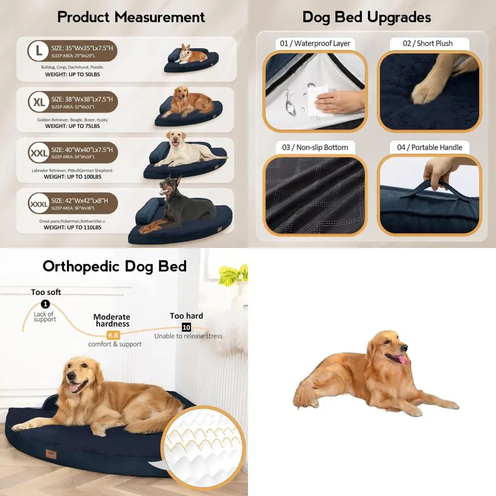 

XL Orthopedic Memory Foam Dog Bed with Removable Cover, Waterproof and Non-Slip, Navy Blue