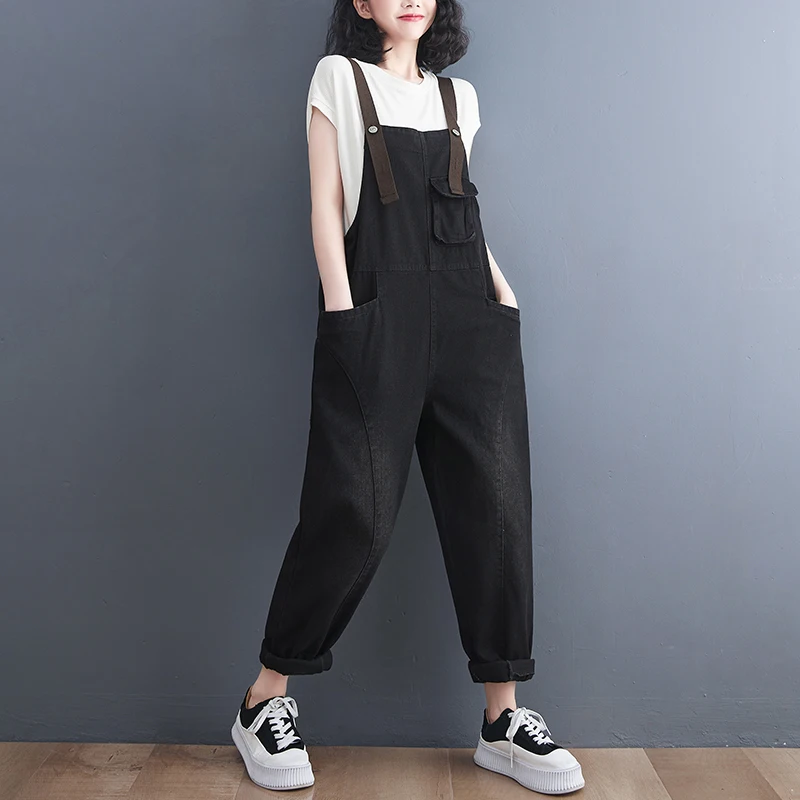

Faionable Denim Overalls Women's Summer Spring Loose High Waist Long Pants Thermal Function Deep Color Korean Sle