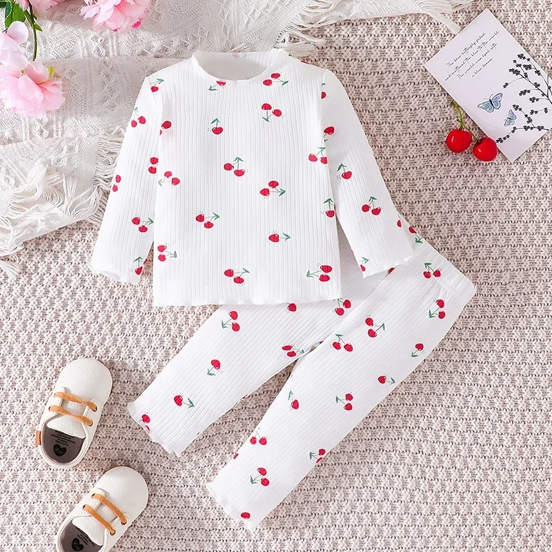 Baby Sets For Kid Newborn Girl 1-18 Months Pyjamas Long Sleeve Pajamas Cherry Print Outfit Toddler Infant Clothing Set For Baby