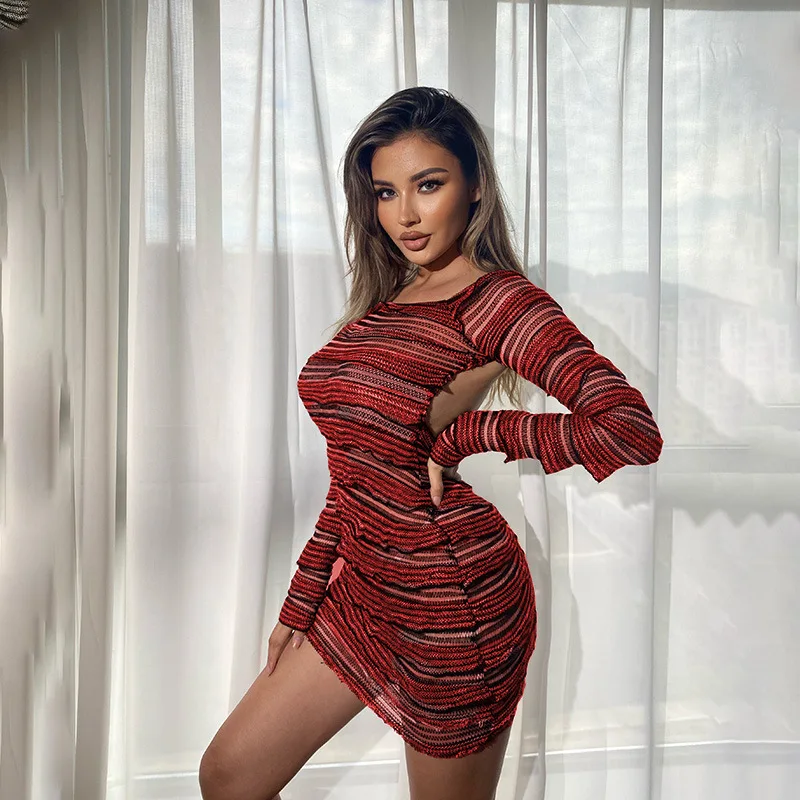 

Long Sleeve Backless Striped Sexy Sheer Slim Mini Dress 2023 Autumn Women Fashion Goth Clothes Party Nightclub Y2K