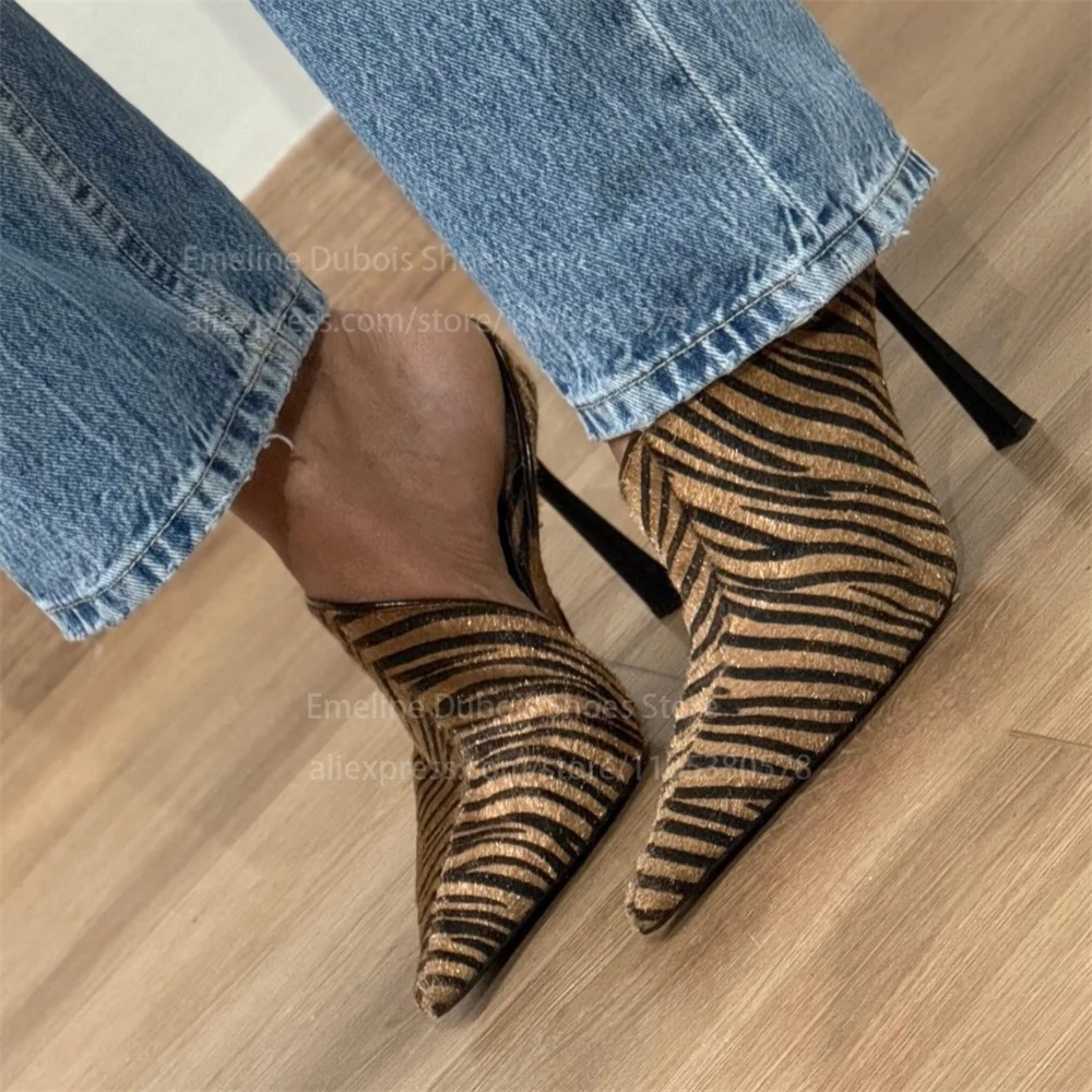 Zebra Print Side Cutout High Heel Pumps Faux Pony Hair Pointed Toe Slip on Stiletto Heel Mules Sexy Casual Ladies Dress Shoes - view 4