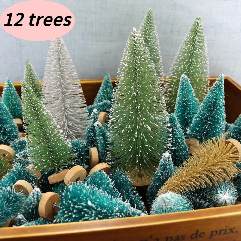 12Piece Mini Christmas Tree Sisal Silk Cedar - Decoration Small Christmas Tree - Gold Blue Green White Mini Tree DIY Decorations