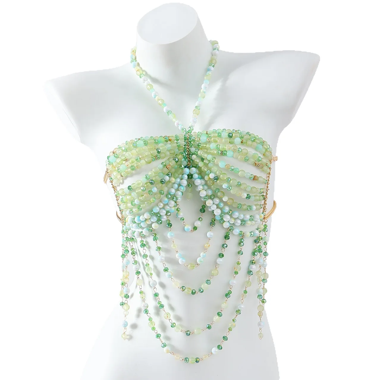 Handmade Colorful Beaded Top With Halter Neckline And Openwork Body Chain, Sexy And Colorful Beaded Bustier For Women.