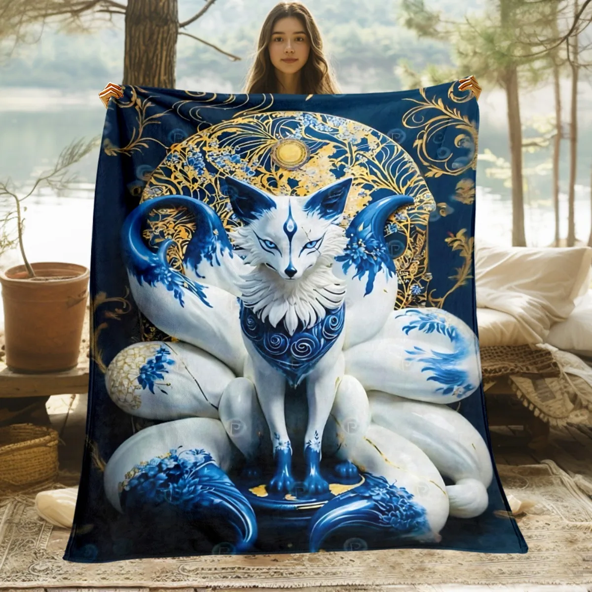 Korean Nine-Tailed Fox Blanket, Mythical Gumiho Flannel Throw, Blue Tail Design Anime Style, All Season Soft for Home Decor