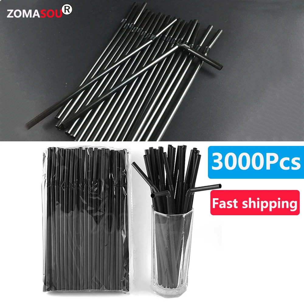 10-3000Pcs Fluorescent Bendable Drinking Straws Black Birthday Beverage Straws for Wedding Decor Mixed Colors Party Supplies