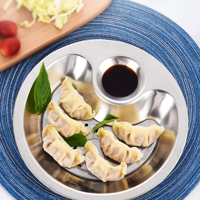 

HOT-2Pcs Thick Stainless Steel Vinegar Dish Dumpling Plate Drain Double Tray Fruit Tray Serving Platter Portion Dish