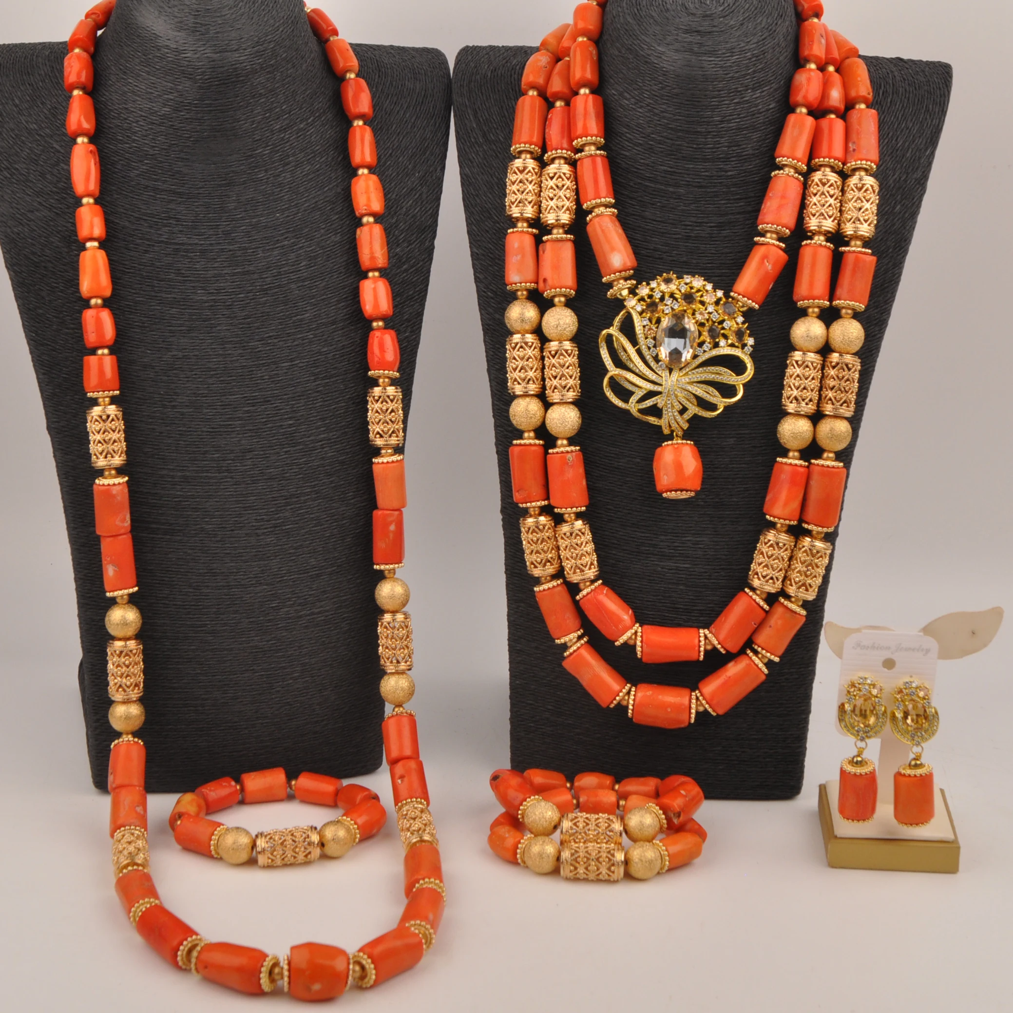 

Orange nigeria coral beads necklace sets stylish African wedding couple jewelry