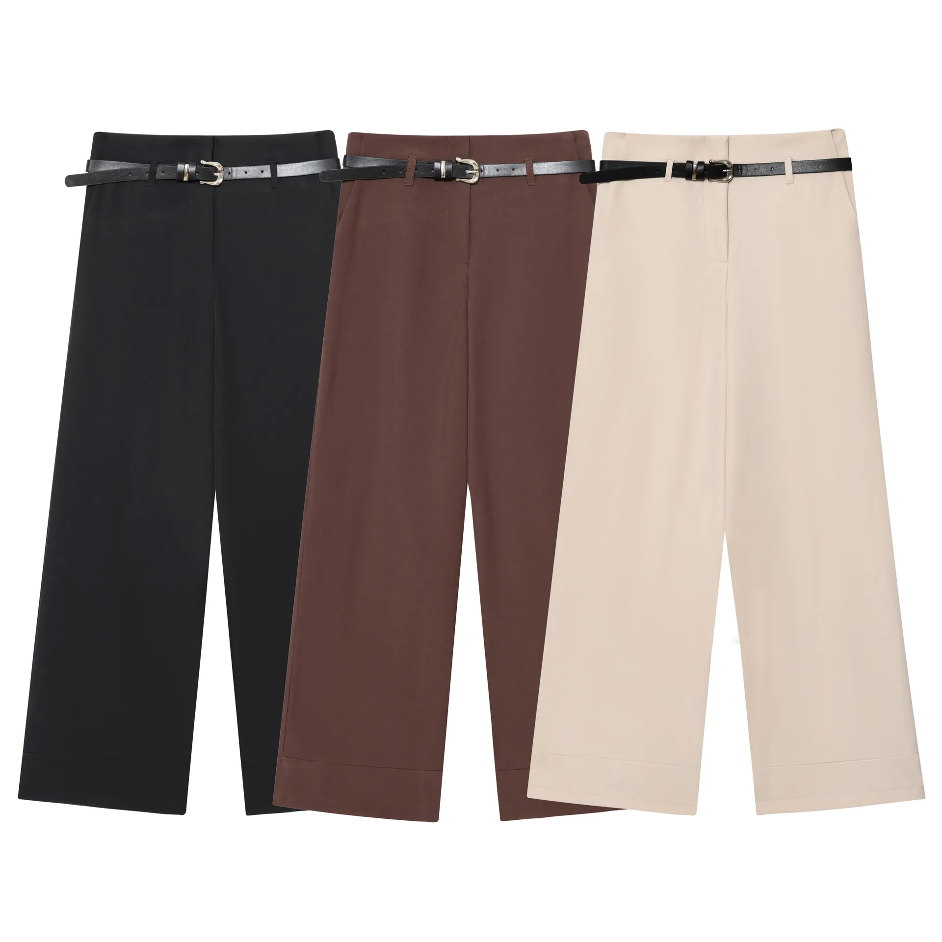 2025 New Black Coffee Apricot Wide Leg Cuff Hem With Belt Casual Long Pants Women Fashion Versatile Style