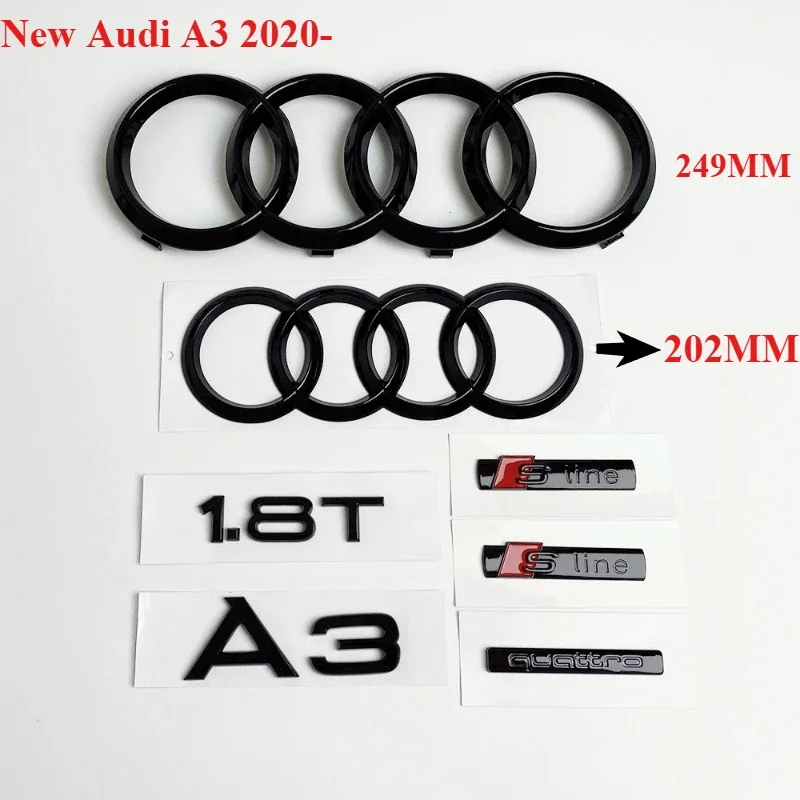 

Эмблема Audi A3 2020-2026 годов выпуска, 4 кольца, черная, из АБС-пластика, для капота, передней решетки, заднего багажника, наклейка, знак A3, Quattro, 1.8T, S-line