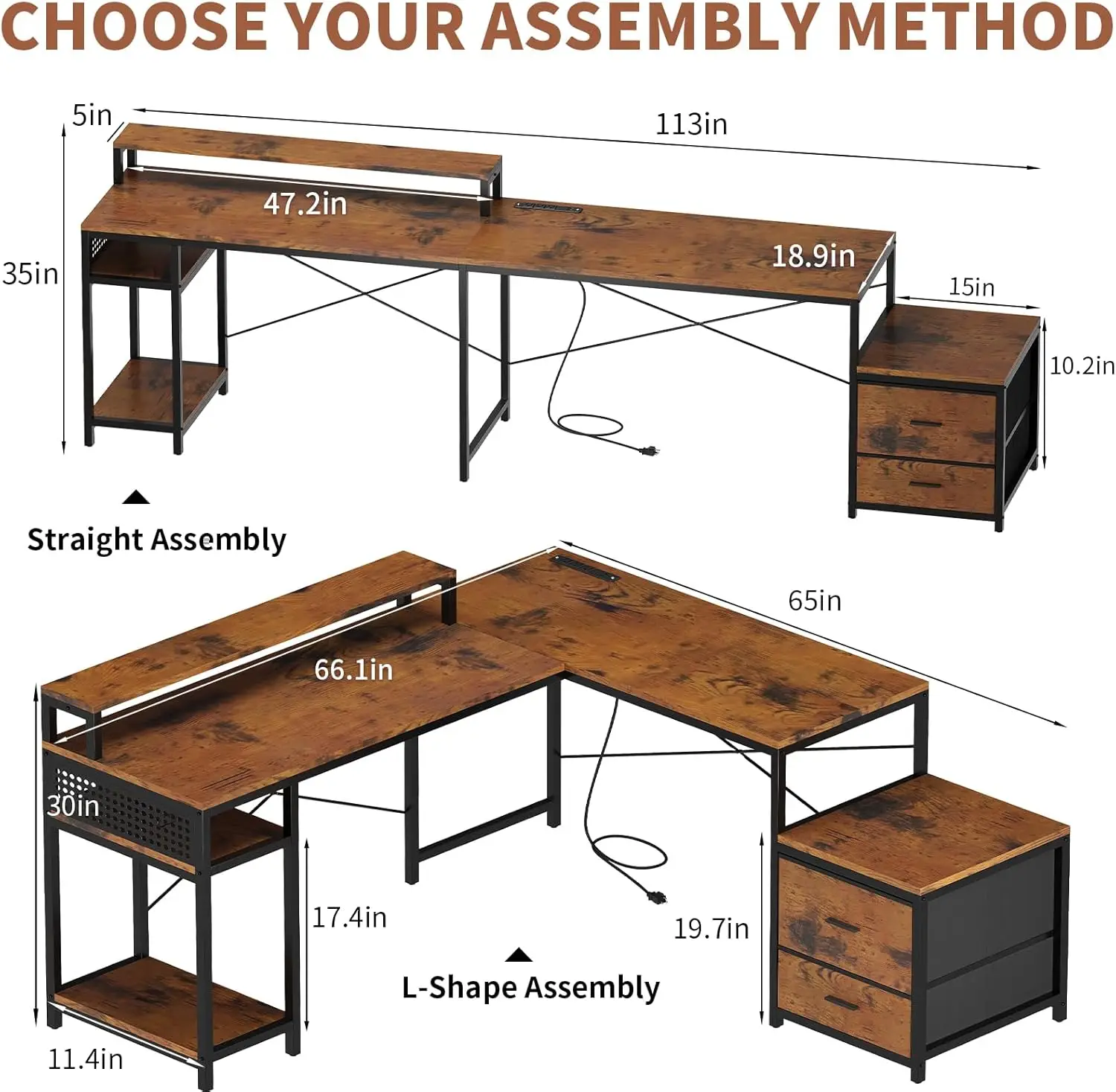 L Shaped Gaming Desk com gaveta, grande mesa reversível com suporte de impressora, Power Outlet, 113 ", 2 Pessoa, 66"