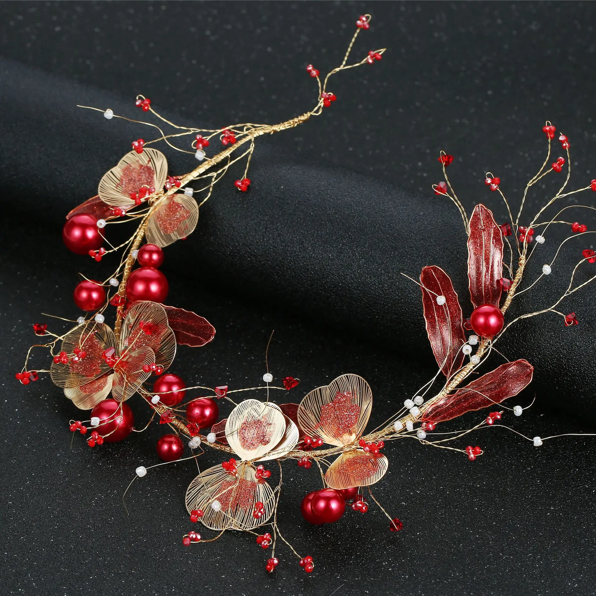 Vintage Chinese Style Clip Red Hair Pins and Clips Flower Headband Earrings Set Women Wedding Party Headdress Jewelry FORSEVEN