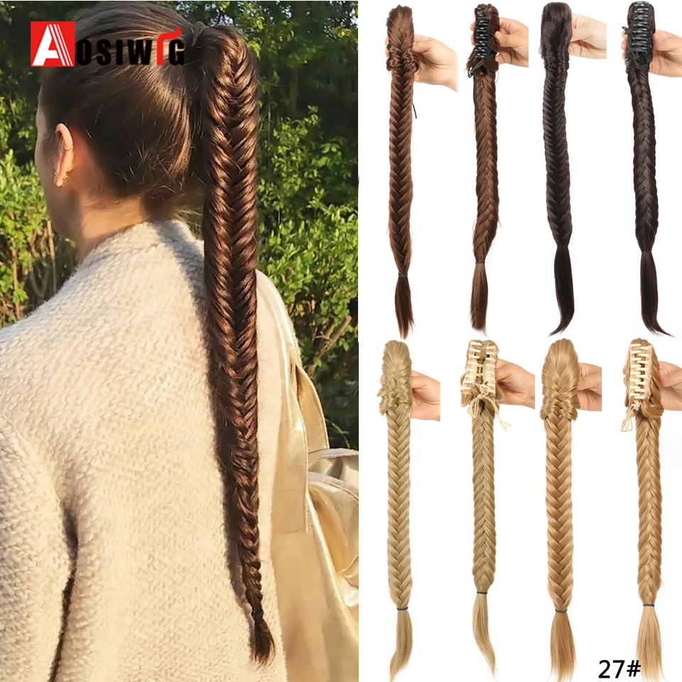 

AOSI Synthetic Fishtail Braid Ponytail With Claw Clip 24Inch Long Braided Plaited Pony Tail Hairpieces Clip In Hair Extension