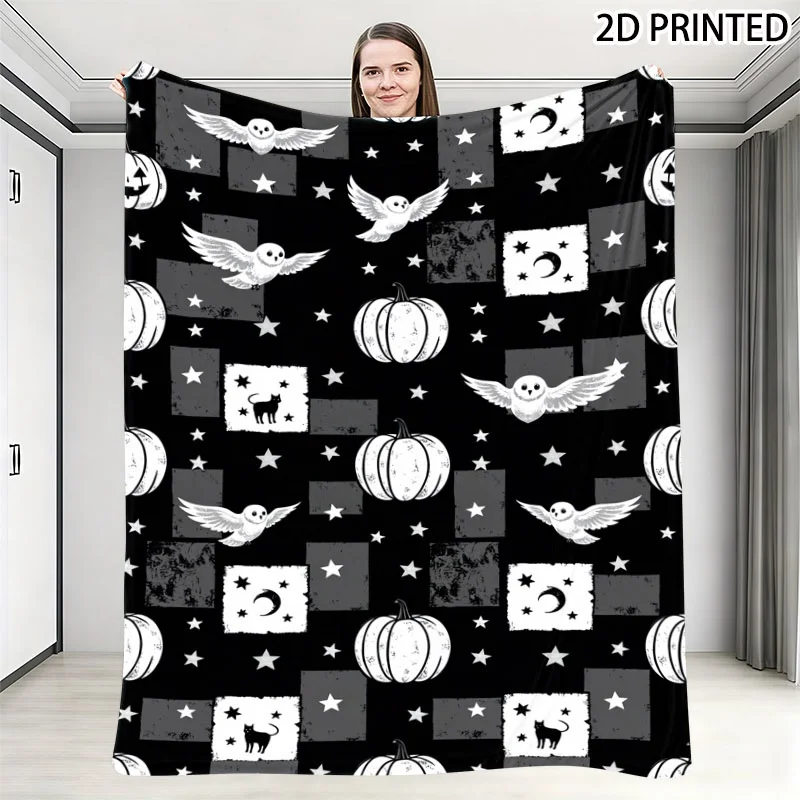 Spooky Whimsical Halloween Pattern Throw Blanket, Densely Packed Black & White Repeating Design Featuring Owls, Pumpkins, Cats,