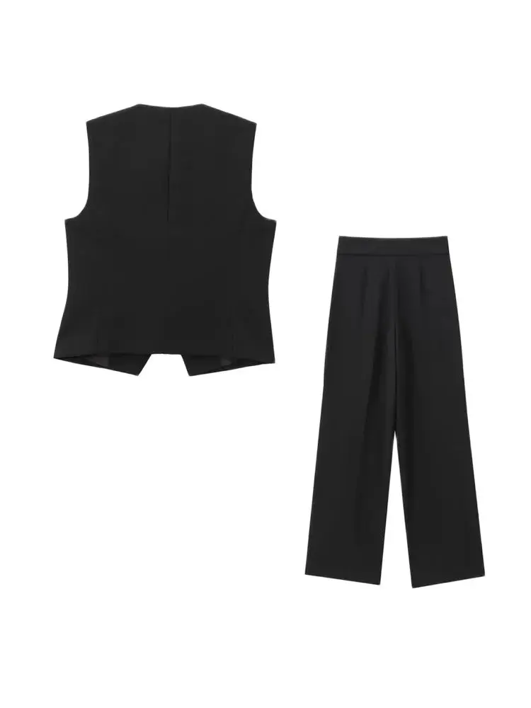 Women Fashion Front Button Asymmetric Waistcoat And Mid Waist Front Darts Straight Pants Female Two Piece Sets Mujer