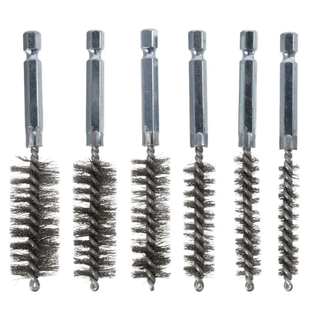 

6PCS with 1/4" Hex Shank Stainless Steel Bore Brush Different Sizes 8/10/12/15/17/19MM Bore Cleaning Brush Set