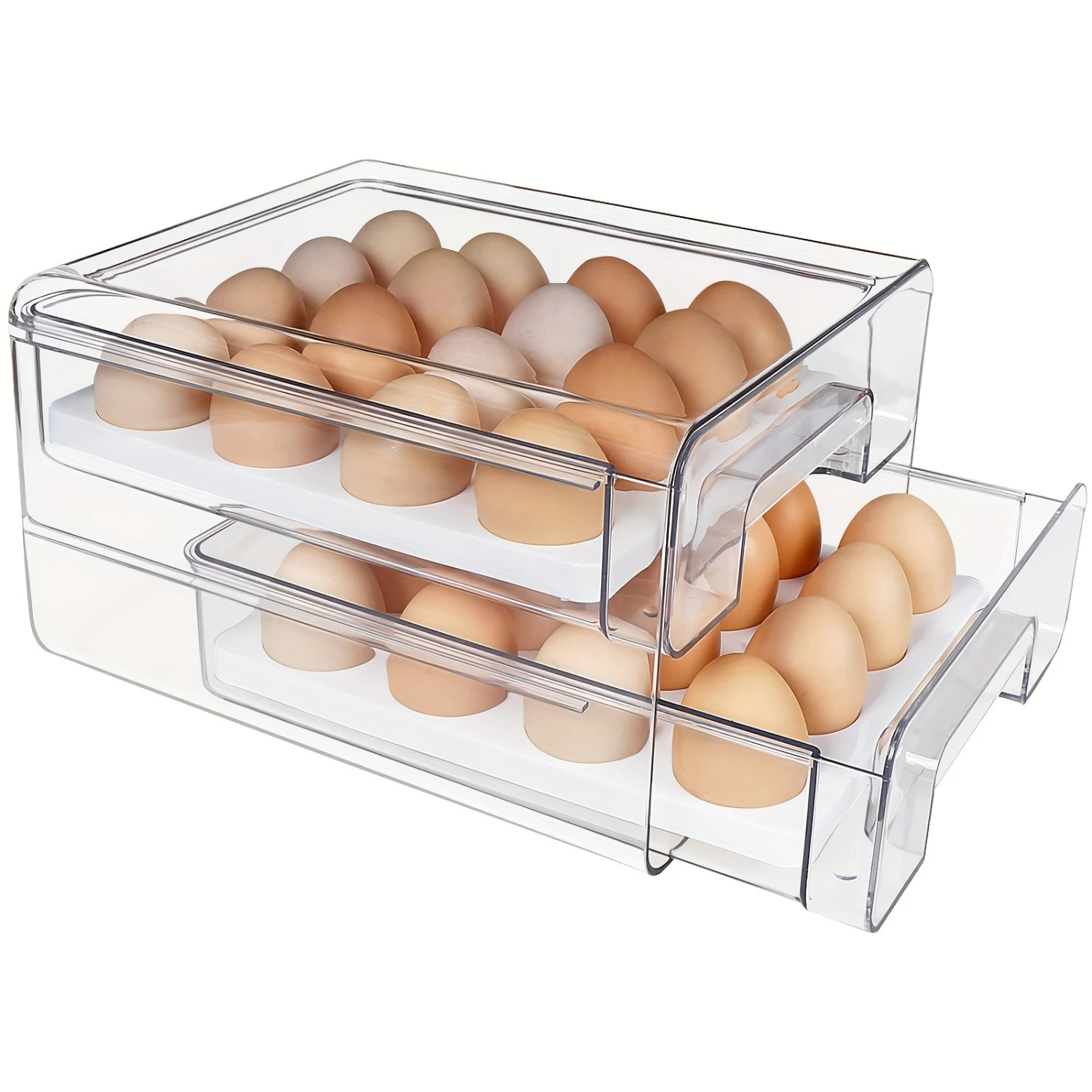 1pc Large Capacity Egg Holder for Refrigerator - Clear Double Layer Drawer Type  Box with Removable Egg Tray and Drain Tray - Mu